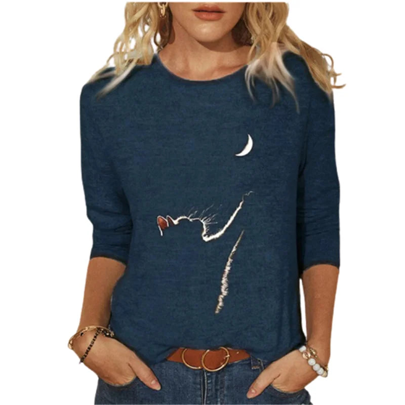 Damen Sommer Top 3D Katzen Langarm T-Shirt Rundhals Streetwear lockeres Damentop