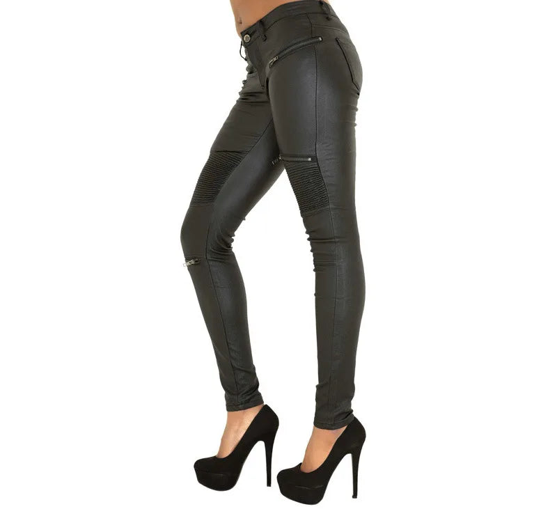 Sexy Damen Stretch Leggings Leggins Gothic Punk Hose PU Lederhose Reißverschluss