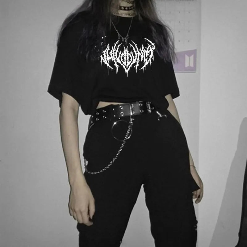 Damen Sommer Top Gothic Punk T-Shirt Rundhals Streetwear lockeres Damentop