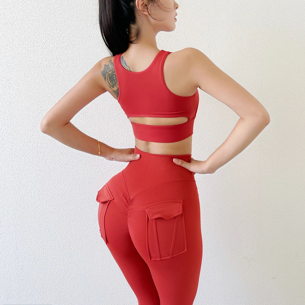 Damen Leggings Push Up Stretch Leggins Yoga Fitness Hose Sport BH Gym Set Top
