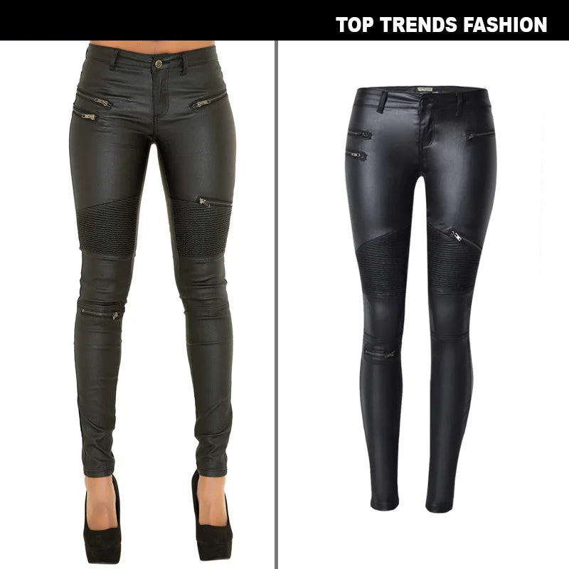 Sexy Damen Stretch Leggings Leggins Gothic Punk Hose PU Lederhose Reißverschluss