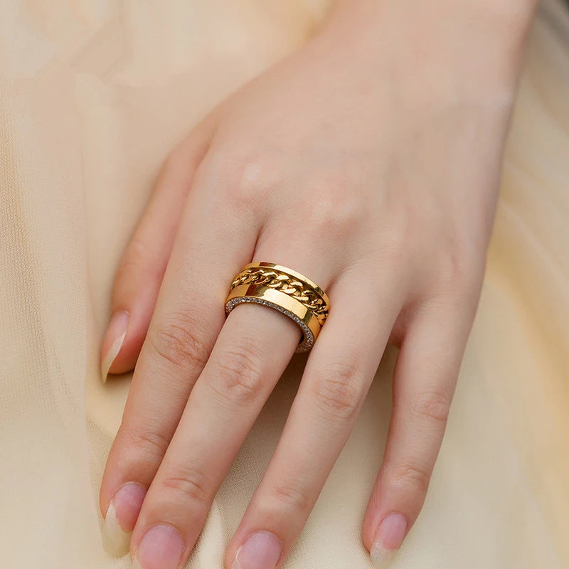 Edelstahl Herren und Damen Ring  Gold Zirkonia Biker Spinning Ketten Style