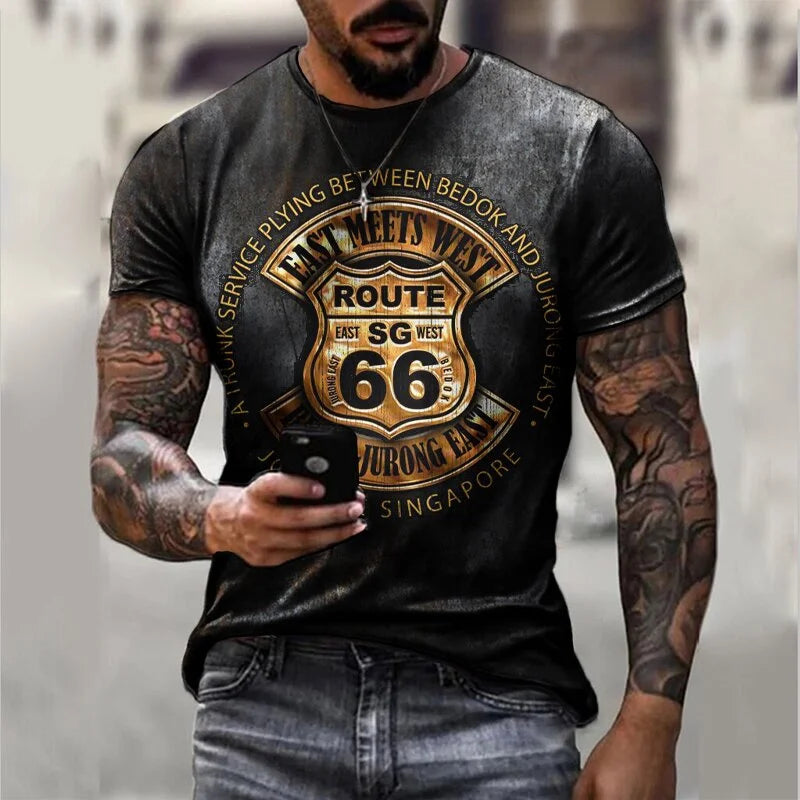 Herren T-Shirt Route 66 3D Kurzarm Shirt Rundhals Unisex Sommer Streetwear Top