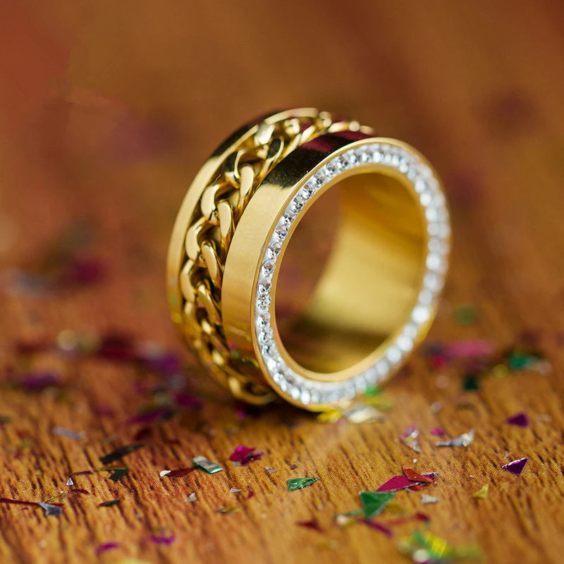 Edelstahl Herren und Damen Ring  Gold Zirkonia Biker Spinning Ketten Style