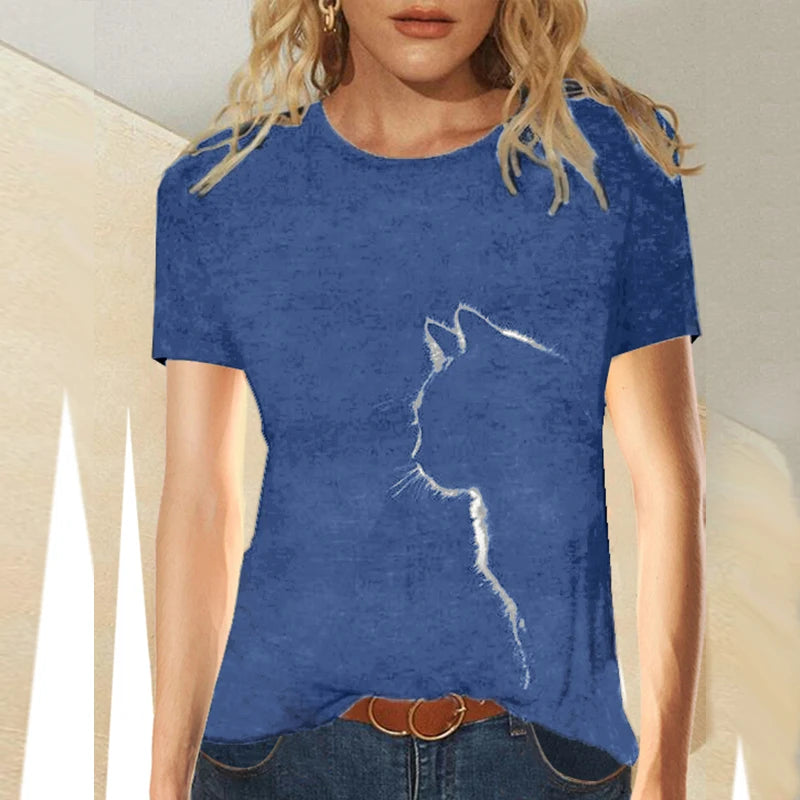 Damen Sommer Top 3D Katzen Langarm T-Shirt Rundhals Streetwear lockeres Damentop
