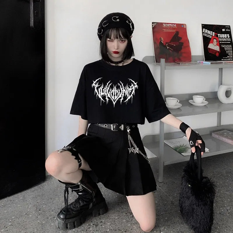 Damen Sommer Top Gothic Punk T-Shirt Rundhals Streetwear lockeres Damentop