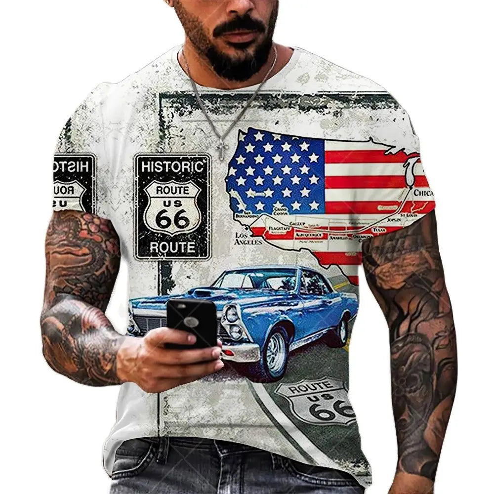 Herren T-Shirt Route 66 3D Kurzarm Shirt Rundhals Unisex Sommer Streetwear Top