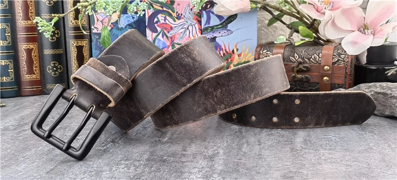 Jeans-Gürtel Herren Eckig Schnalle Echt Leder Gürtel Braun Breite Schnalle
