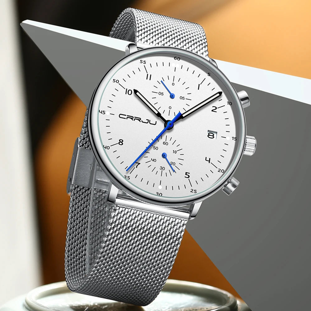 Herren Armbanduhr Silber Edelstahl Quarzuhr Chronograph Military Business Uhr