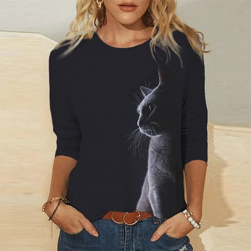 Damen Sommer Top 3D Katzen Langarm T-Shirt Rundhals Streetwear lockeres Damentop