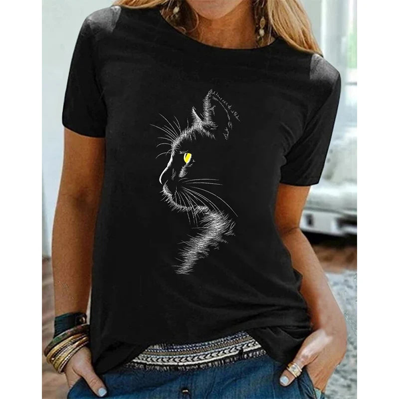 Damen Sommer Top 3D Katzen Langarm T-Shirt Rundhals Streetwear lockeres Damentop