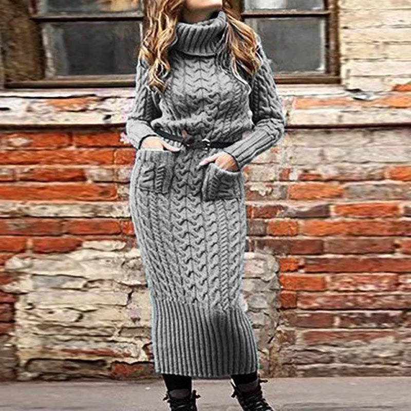 Damen Wollkleid Rollkragen Maxi Kleid Pulloverkleid Winterkleid Strickkleid