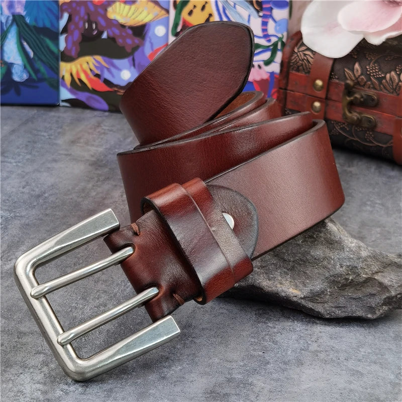 Jeans-Gürtel Herren Eckig Schnalle Echt Leder Gürtel Braun Breite Schnalle