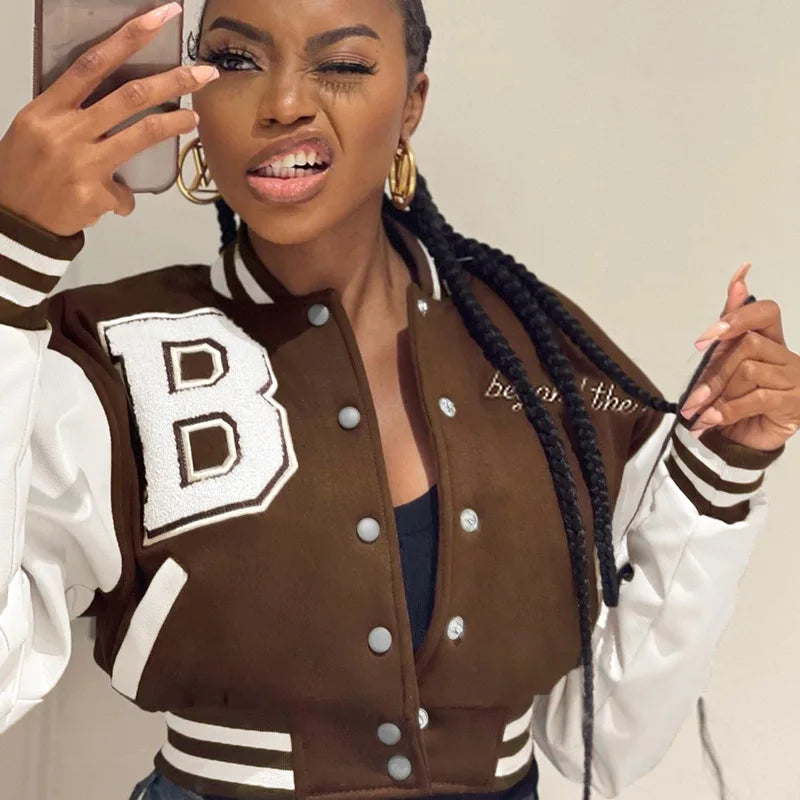 Damen College Baseball Retro Bomber Jacke Sweatjacke Collegejacke Streetwear