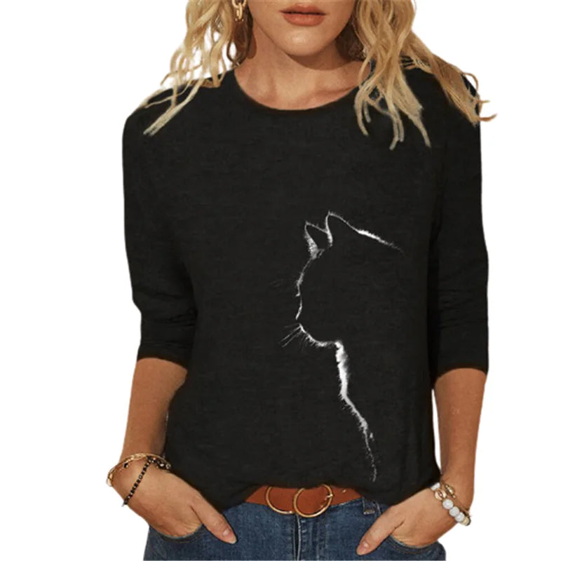 Damen Sommer Top 3D Katzen Langarm T-Shirt Rundhals Streetwear lockeres Damentop