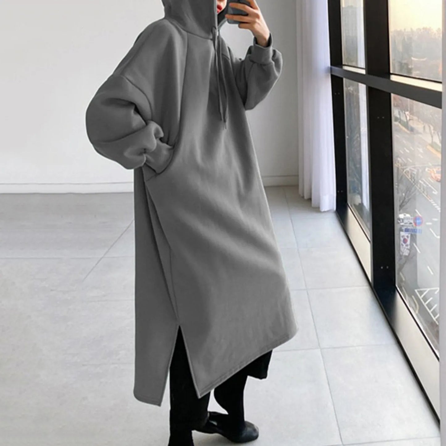Damen Kapuzenpullover Minikleid Hoodie Sweatshirt Longtops Tunika Jumper Kleid
