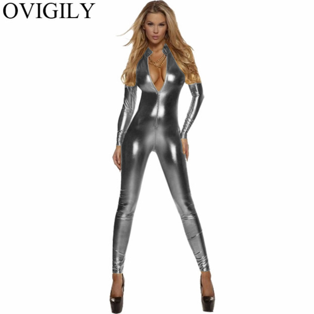Sexy Damen Bodycon Overall Jumpsuit Metallic Strampler Catsuit Zip Body Suit