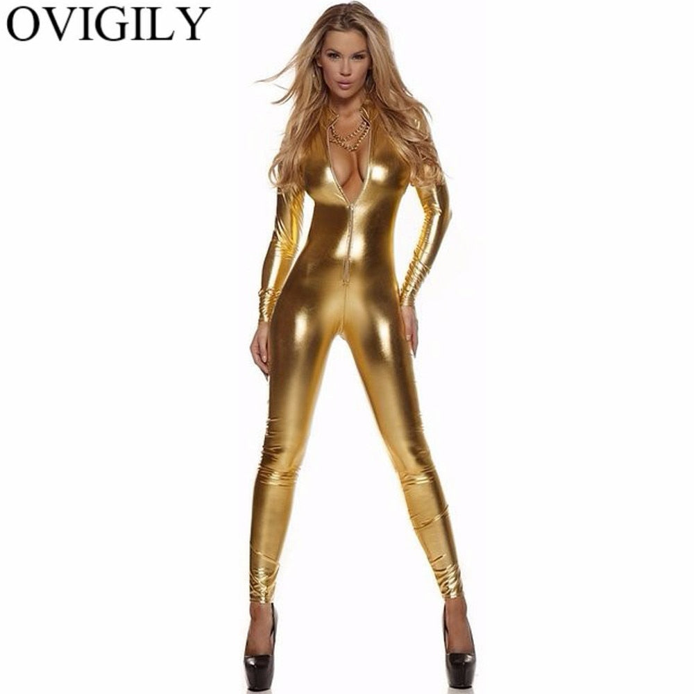 Sexy Damen Bodycon Overall Jumpsuit Metallic Strampler Catsuit Zip Body Suit