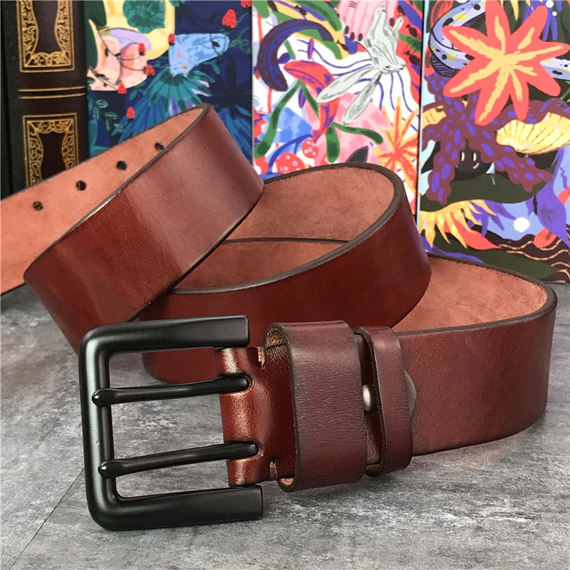 Jeans-Gürtel Herren Eckig Schnalle Echt Leder Gürtel Braun Breite Schnalle