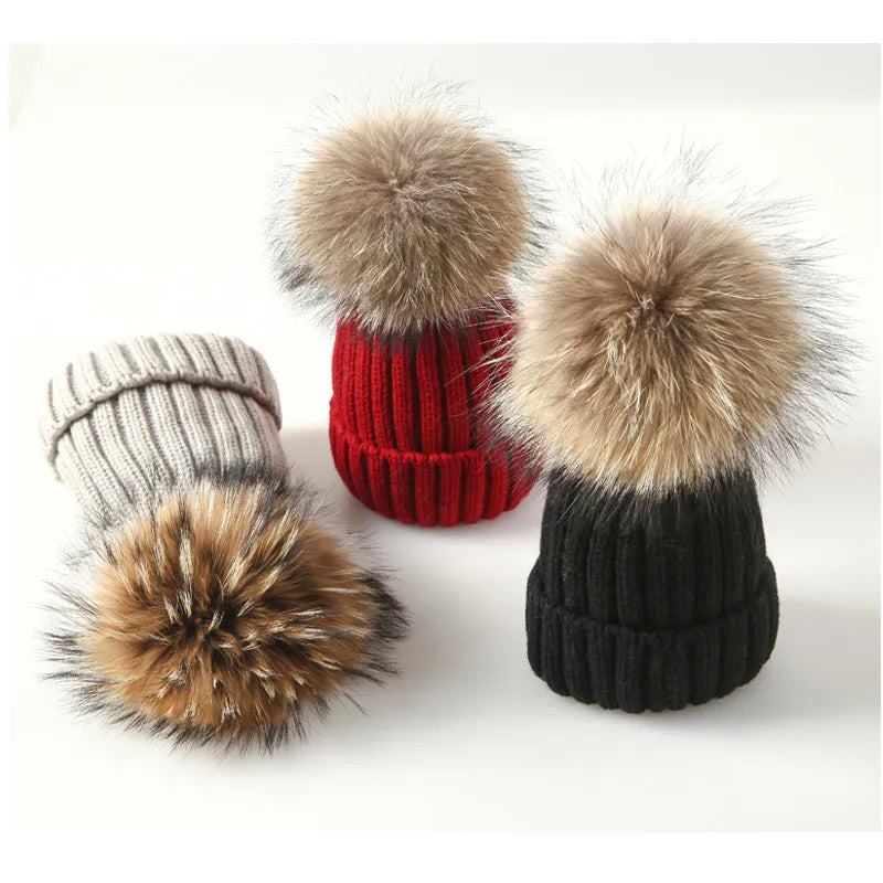 Damen Wolle Mütze Wintermütze Strickmütze Gefüttert Pudel Bommelmütze Skimütze
