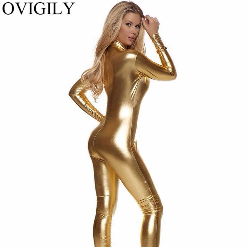 Sexy Damen Bodycon Overall Jumpsuit Metallic Strampler Catsuit Zip Body Suit