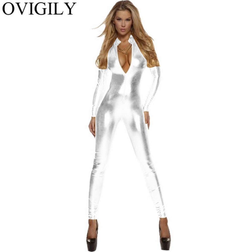 Sexy Damen Bodycon Overall Jumpsuit Metallic Strampler Catsuit Zip Body Suit