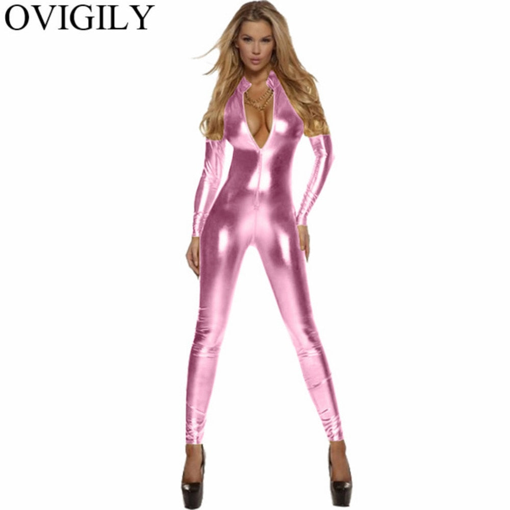 Sexy Damen Bodycon Overall Jumpsuit Metallic Strampler Catsuit Zip Body Suit