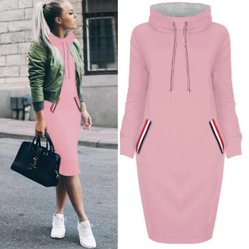 Frauen Langarm Minikleid Kapuzenpullover Kleid Hoodie Sweatshirt Sweatkleid