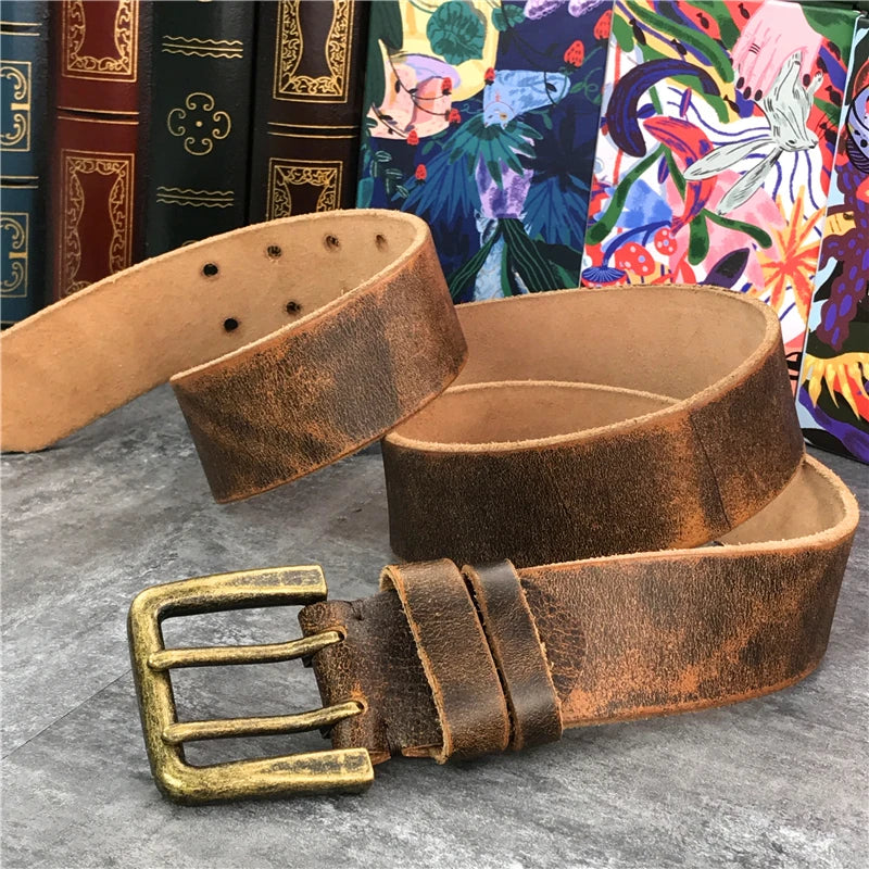 Jeans-Gürtel Herren Eckig Schnalle Echt Leder Gürtel Braun Breite Schnalle