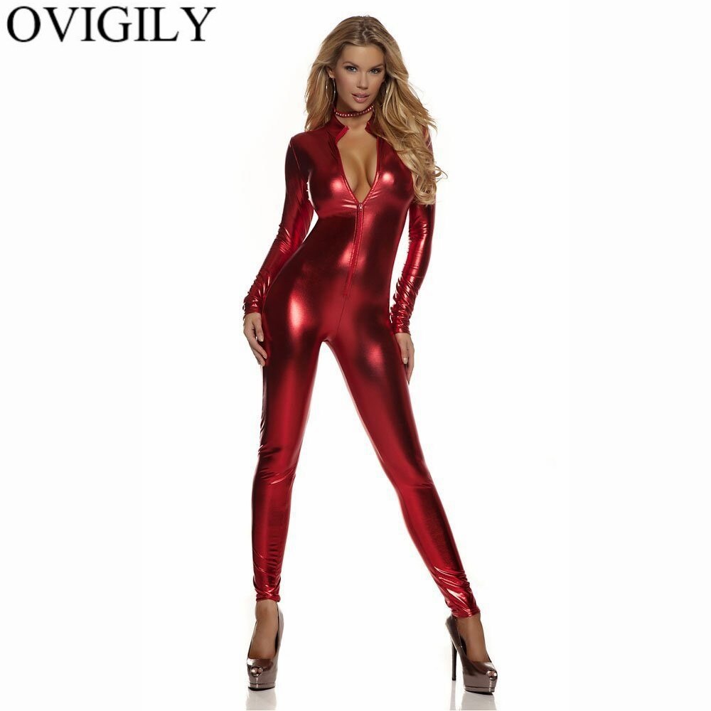 Sexy Damen Bodycon Overall Jumpsuit Metallic Strampler Catsuit Zip Body Suit