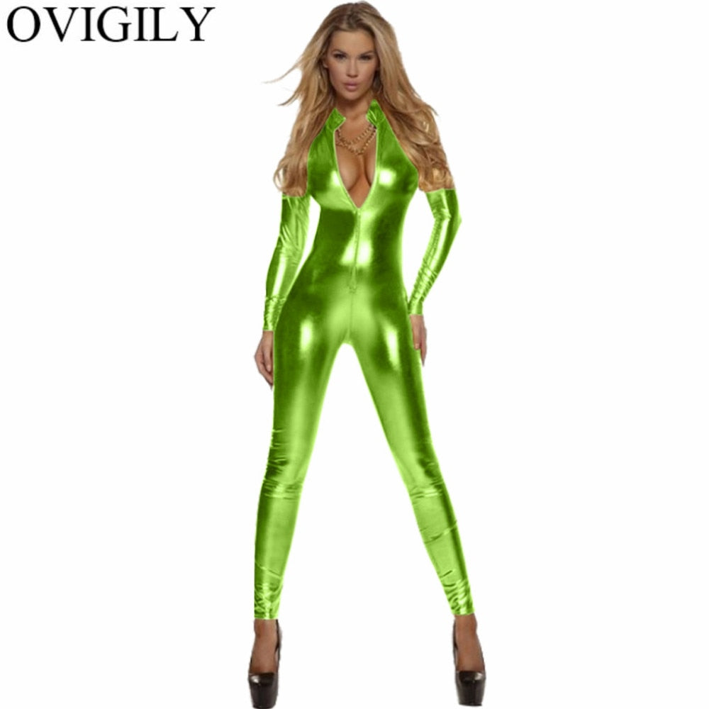 Sexy Damen Bodycon Overall Jumpsuit Metallic Strampler Catsuit Zip Body Suit