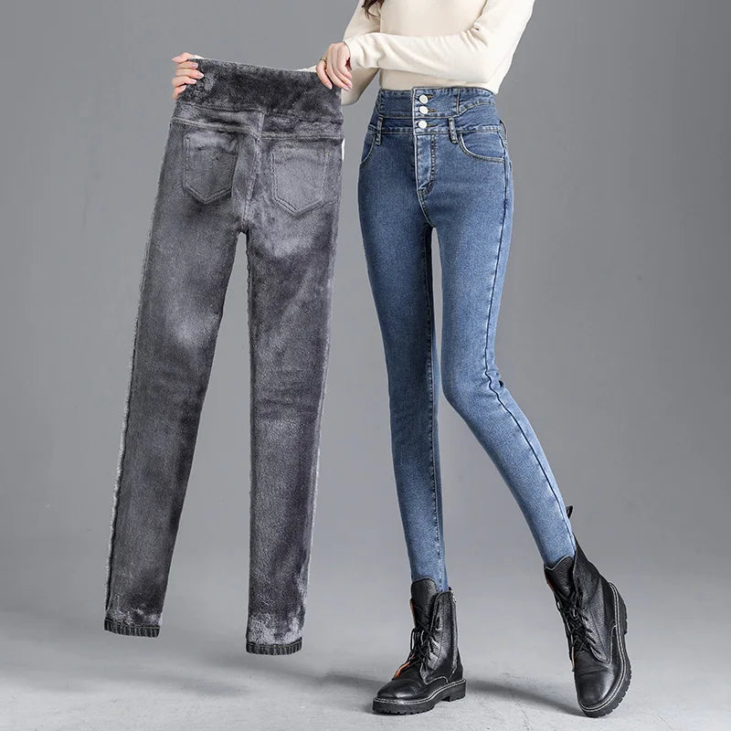 Thermo Jeans Hose Innenfleece Stretch Hosen Damen Winter Warm Leggins Denim Look