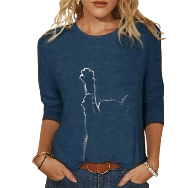Damen Sommer Top 3D Katzen Langarm T-Shirt Rundhals Streetwear lockeres Damentop