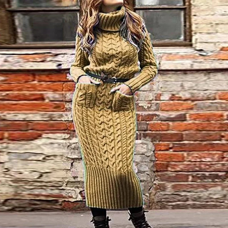 Damen Wollkleid Rollkragen Maxi Kleid Pulloverkleid Winterkleid Strickkleid