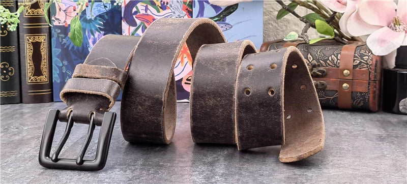 Jeans-Gürtel Herren Eckig Schnalle Echt Leder Gürtel Braun Breite Schnalle