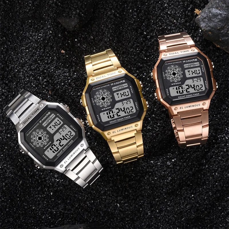 Herren Armbanduhr Digital Uhr Silber Edelstahl LED Quarzuhr Luxus Chronograph