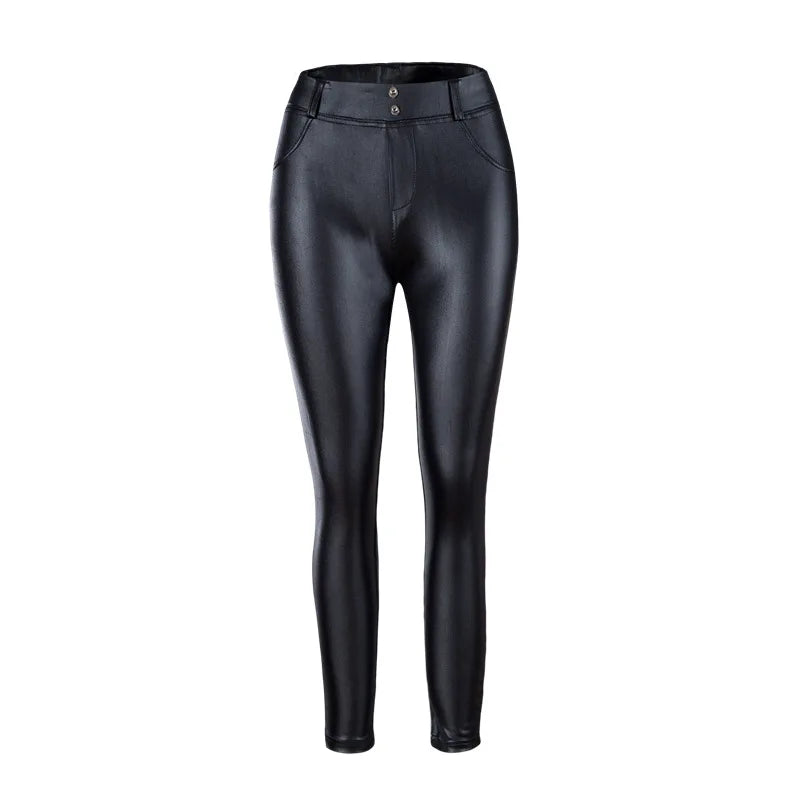 Sexy Damen Leggings Push Up Leggins Hose glänzendes PU Lederhose mit Taschen