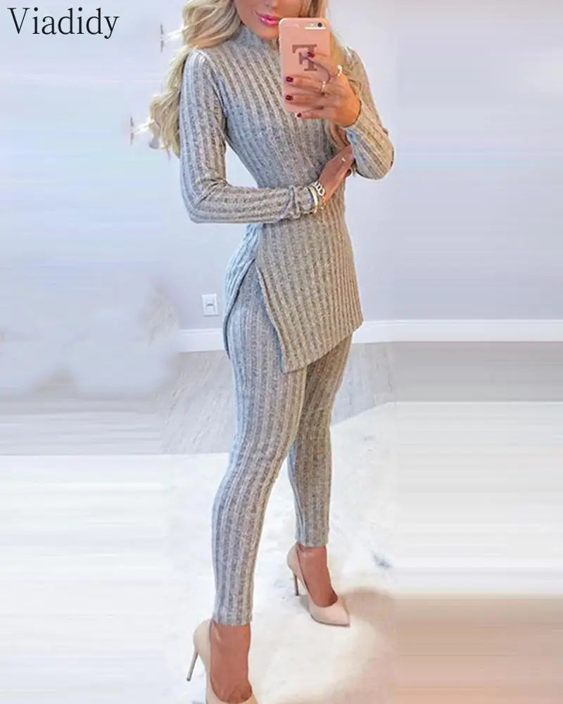 2-teiliges Damen Outfit Winter Warm geripptes Strick Oberteil Pulli Hose Leggins