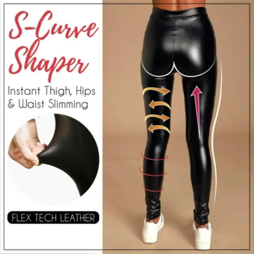 Damen Leggings Leggins Lang Hose Leder Optik Nachtclub Sexy PU Hohe Elastizität