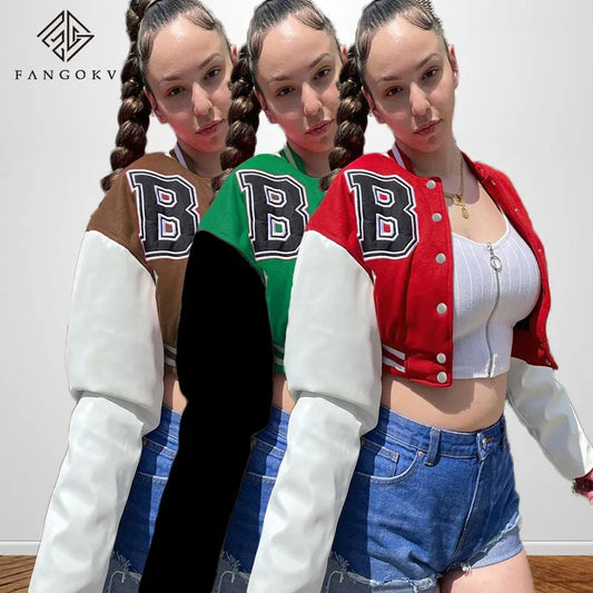 Damen College Baseball Retro Bomber Jacke Sweatjacke Collegejacke Streetwear
