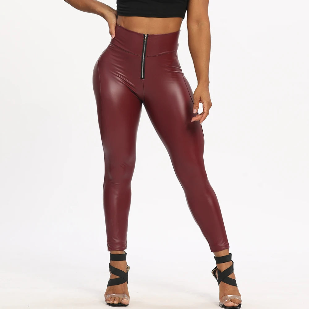 Sexy Damen Fashion Leggings Push Up Leggins Hose PU Lederhose mit Reißverschluss