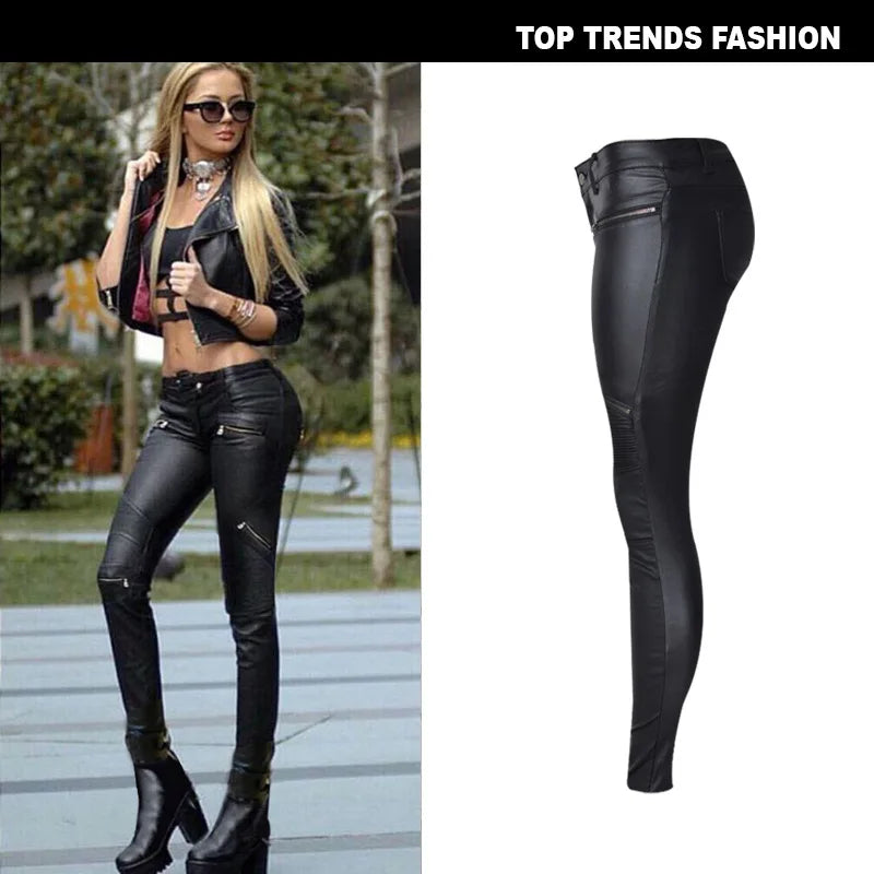 Sexy Damen Stretch Leggings Leggins Gothic Punk Hose PU Lederhose Reißverschluss