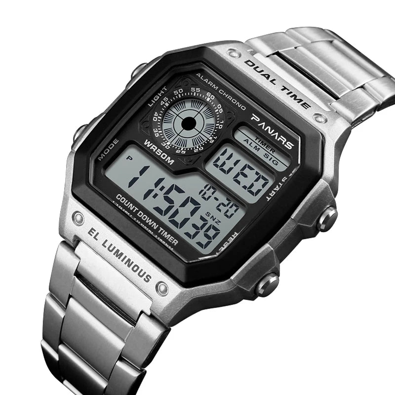 Herren Armbanduhr Digital Uhr Silber Edelstahl LED Quarzuhr Luxus Chronograph