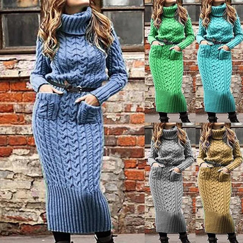 Damen Wollkleid Rollkragen Maxi Kleid Pulloverkleid Winterkleid Strickkleid
