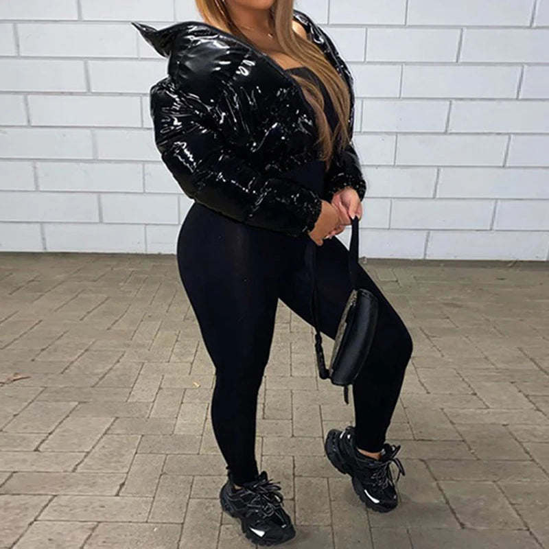 Damen Glänzende Daunenjacke Mit Kapuze Gold Steppjacke Streetwear Stepp Jacke
