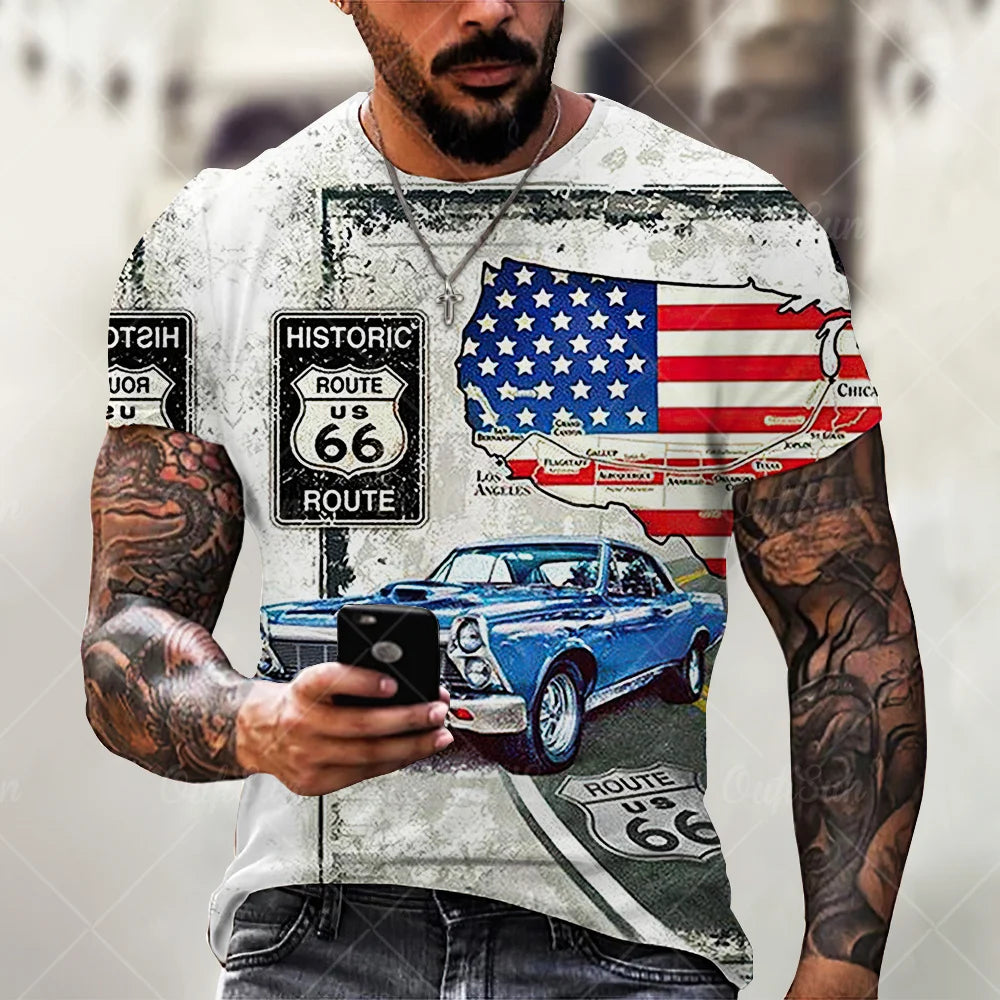 Herren T-Shirt Route 66 3D Kurzarm Shirt Rundhals Unisex Sommer Streetwear Top