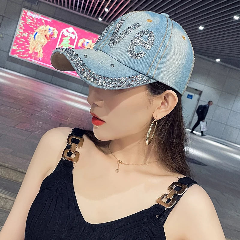 Jeans Cappy Denim Look Basecap Cap Kappe LOVE Strass gebogen Damen Baseball Cap