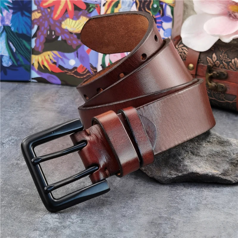 Jeans-Gürtel Herren Eckig Schnalle Echt Leder Gürtel Braun Breite Schnalle