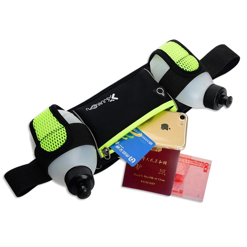Laufen Gürtel mit 2 Wasserflaschen Taille Pack Reißverschlusstasche Bauch Tasche