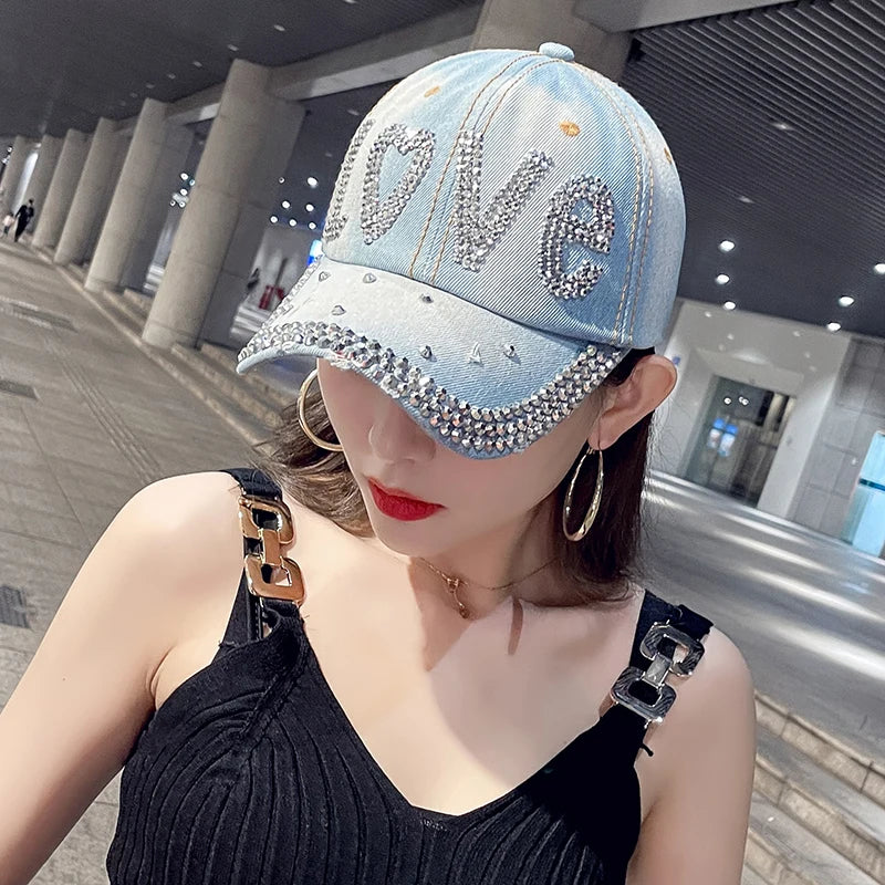Jeans Cappy Denim Look Basecap Cap Kappe LOVE Strass gebogen Damen Baseball Cap